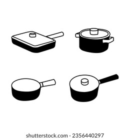 Cookware Set: 2 Pans and 2 Pots Vector Illustrations. Upgrade your culinary designs with this cookware vector set, featuring 2 pans and 2 pots.