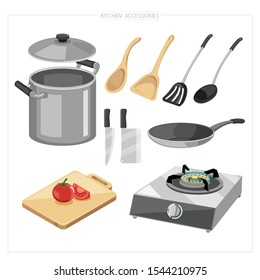 Cookware set for cooking, such as casserole, saucepan, chopping board, cutting board, knife, gas stove