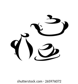 Cookware set, Cup, teapot, pitcher, black silhouette, vector