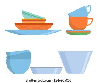 Cookware Set Icon In Flat Style. Colorful Dishes Isolated On White Background. Kitchen Household Cutlery, Cups And Ceramic Plate. Tableware And Crockery. Vector Illustration