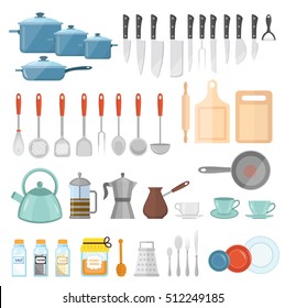 Cookware set of icons, flat style. Cooking tools and kitchenware equipment. Kitchen tools, utensils, cutlery. Vector illustration