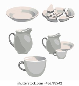 Cookware set made of white porcelain isolated on white background. Vector cartoon close-up illustration.