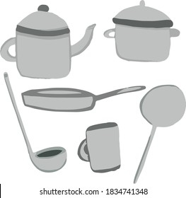 Cookware set pan with lid, ladle, frying pan, kettle, mug, saucepan and spatula in cartoon style. Vector illustration