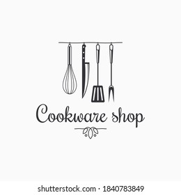 Cookware shop logo. Kitchen utensils on white background