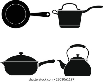 Cookware Silhouette Collection – Frying Pan, Saucepan, Casserole and Teapot Icons