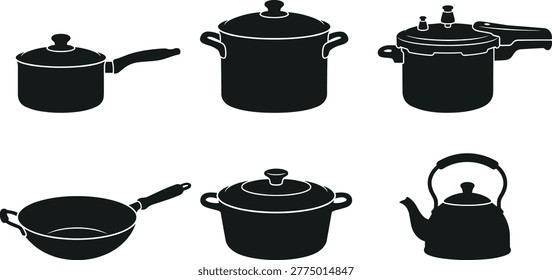 Cookware silhouette icons set featuring pots pans pressure cooker and kettle for kitchen cooking in minimal black vector style
