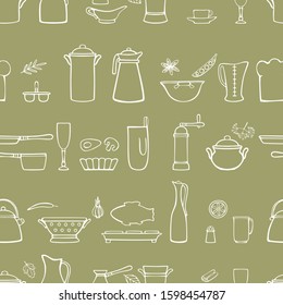 Cookware, spices and cooking tools. Seamless horizontal vector pattern. Linear hand drawing on an olive background.