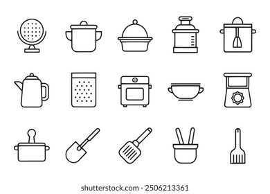 Cookware and tableware concept related black stroke outline icons set isolated illustration on white background.