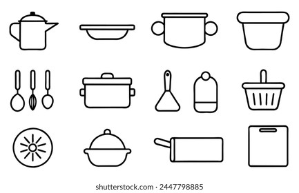 Cookware and tableware editable stroke outline icons set isolated on white background flat vector illustration. Pixel perfect. 64 x 64.