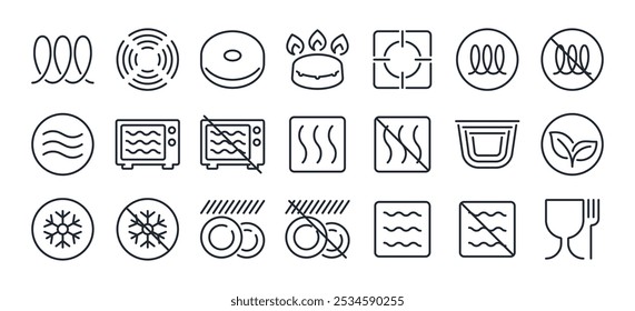 Cookware and tableware features. Non stick coating, food safe, eco, stackable and other editable stroke outline icons set isolated on white background flat vector illustration. Pixel perfect. 64 x 64.