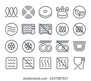 Cookware and tableware features. Non stick coating, food safe, eco, stackable and other editable stroke outline icons set isolated on white background flat vector illustration. Pixel perfect. 64 x 64