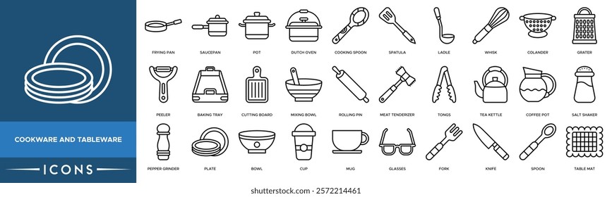 Cookware and tableware icon. Frying Pan, Saucepan, Pot, Dutch Oven and Cooking Spoon