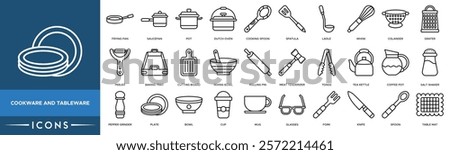 Cookware and tableware icon. Frying Pan, Saucepan, Pot, Dutch Oven and Cooking Spoon