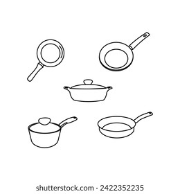 Cookware vector illustration, frying pan, wok, saucepan