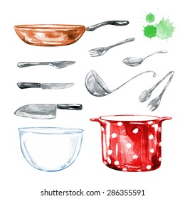 Cookware. Vector watercolor background. Set of kitchen utensils. Pans, pots, spoon, salad bowls, knife.