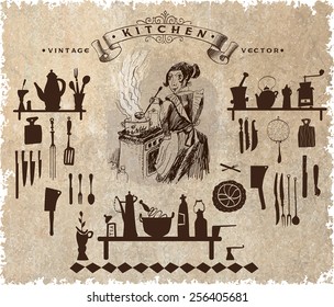 Cooky and utensil. Vector set. Collection of vintage kitchen items
