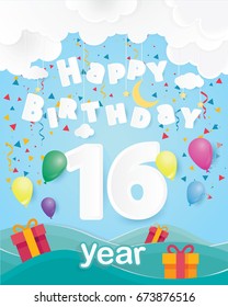 cool 16 th birthday celebration greeting card origami paper art design, birthday party poster background with clouds, balloon and gift box full color. sixteen years anniversary celebrations
