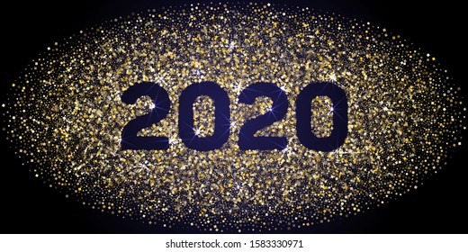Cool 2020 New Year banner with gold glitter rich glossy confetti. Geometric frame with glittering gold sparkle tinsels. New Year premium vector template. Festive holiday card, banner or party poster