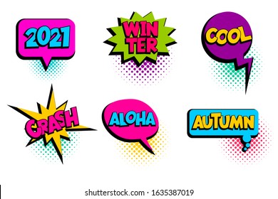 Cool, 2021, winter summer set speech bubble. Comic text banner poster sticker concept. Comics book pop art style text. Message speech bubble boom cloud talk web comic text. Vector Illustration.