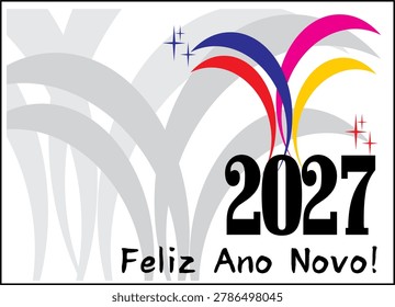 Cool 2027 numbers vector, happy new year text in Portuguese spelling, celebration concept, white background.