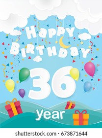 cool 36 th birthday celebration greeting card origami paper art design, birthday party poster background with clouds, balloon and gift box full color. thirty six years anniversary celebrations