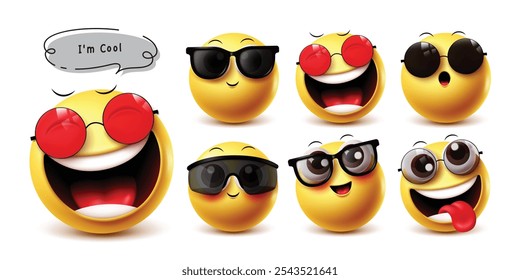 Conjunto de personajes de Vector emoji 3d. Emojis de cara feliz emoticonos frescos con gafas de sol en linda sonrisa, riendo, sorprender, disfrutar y divertido Diseño gráfico de expresiones faciales. Emoji de Ilustración vectorial