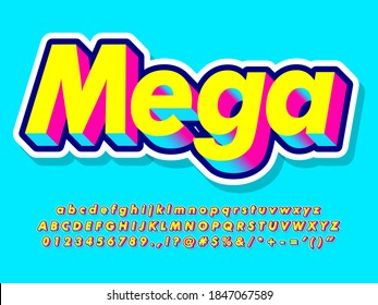 Cool 3d pop art font for headline text effect. Colorful yellow, blue and pink alphabet blue background. 3d extrude font with shadow and double outline. Alphabet, number and symbol