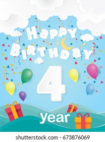 cool 4 th birthday celebration greeting card origami paper art design, birthday party poster background with clouds, balloon and gift box full color. four years anniversary celebrations