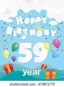 cool 59 th birthday celebration greeting card origami paper art design, birthday party poster background with clouds, balloon and gift box full color. fifty nine years anniversary celebrations