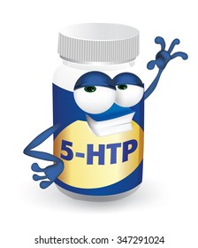 Cool 5-HTP. A cute and funny food supplement cartoon character illustration with a big smile on a transparent background; white antidepressant stands on the floor.