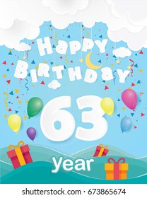 cool 63rd birthday celebration greeting card origami paper art design, birthday party poster background with clouds, balloon and gift box full color. sixty three years anniversary celebrations