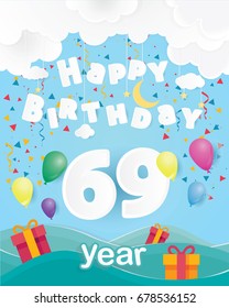 cool 69 th birthday celebration greeting card origami paper art design, birthday party poster background with clouds, balloon and gift box full color. sixty two years anniversary celebrations