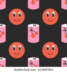 Cool 70s pattern, retro print with hippie elements. Cartoon psychedelic style, face or monads in a jar of cherries, funky. Seamless background.