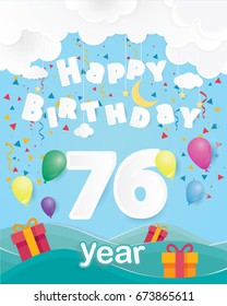 cool 76th birthday celebration greeting card origami paper art design, birthday party poster background with clouds, balloon and gift box full color. seventy six years anniversary celebrations