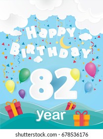 cool 82 nd birthday celebration greeting card origami paper art design, birthday party poster background with clouds, balloon and gift box full color. eighty two years anniversary celebrations