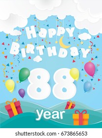cool 88th birthday celebration greeting card origami paper art design, birthday party poster background with clouds, balloon and gift box full color. eighty eight years anniversary celebrations