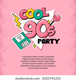 Cool 90s party poster. Retro vector banner template.