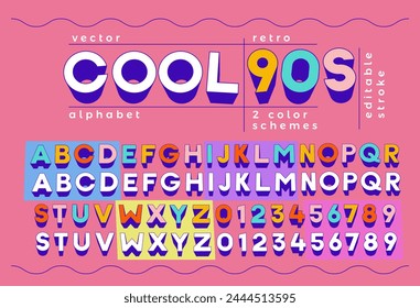 cool 90s retro alphabet effect - vibrant vector typography typeface font letters and numbers with two different color schemes. Pop magazine inspired nineties