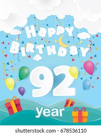 cool 92 nd birthday celebration greeting card origami paper art design, birthday party poster background with clouds, balloon and gift box full color. one ninety two years anniversary celebrations