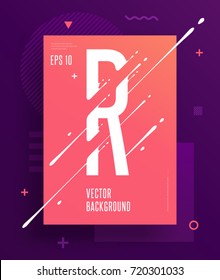 Cool abstract alphabet poster with minimal design. Letter R. Abstract background with modern bright geometric elements. Dynamic liquid ink splashes letter. Eps10 vector template for your art