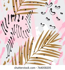 Cool abstract background. Modern illustration with tropical leaves, grunge, marbling textures, rough brush strokes, doodles, minimal elements. Creative seamless pattern with hand drawn shapes