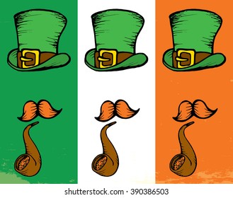 Cool abstract background of Saint Patrick's Day character leprechaun with green hat, orange mustache, smoking pipe and no face. Ideal for posters, party invitations, web banners and greeting cards