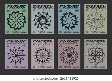 Cool Abstract Circle Y2K Shapes Art. Retrofuturism Covers Vector Design. Acid Rave Posters.