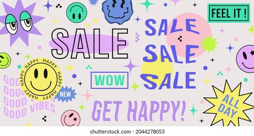 Cool abstract collage of sale banner with hipster stickers of smile face in acid design. Retro pop psychedelic background with stickers. Vector illustration of promotion poster, discount deal