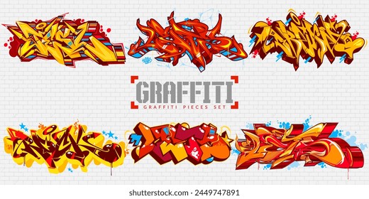 Cool Abstract Colorful Urban Graffiti Style Street Art Lettering Vector Illustration Set