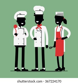Cool abstract depersonalized vector kitchen professionals. Smiling restaurant chef kook with assistants silhouettes isolated. Catering cuisine staff characters