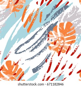 Cool abstract drawing. Modern vector illustration with tropical leaves, grunge, marbling textures, rough brush strokes, doodles, minimal elements. Creative seamless pattern with hand drawn shapes