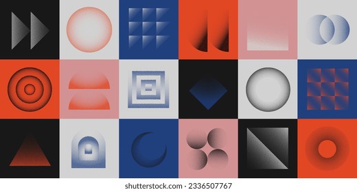 Cool Abstract Geometric Background Swiss Design. Halftone Vector Bitmap Shapes. Bauhaus Artwork. Postmodern Illustration. 