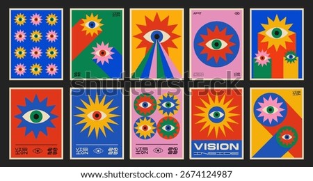 Cool Abstract Geometric Eye Poster. Pop Art Retro Vision Placard. Playful Pattern.