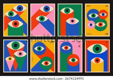 Cool Abstract Geometric Eye Poster. Pop Art Retro Vision Placard. Playful Pattern.